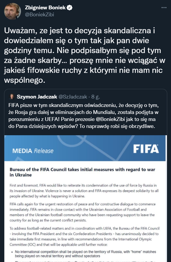 Tak Zbigniew Boniek SKOMENTOWAŁ decyzję FIFA...